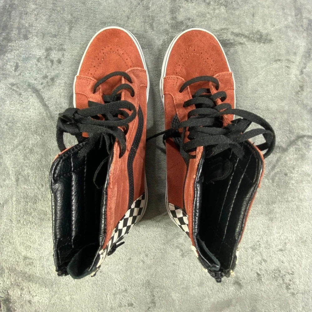 Vans Sk8-Hi High Top Sneakers Girls Size 6 Burnt Orange Checkerboard Suede Shoes